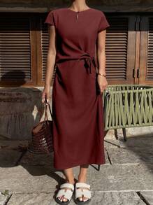Livesso Women Solid Color Loose Round Neck Short Sleeve Drawstring Casual Elegant Floor Length Summer Dress Linen
