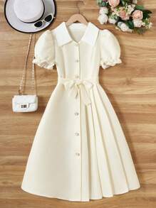 优雅领短款泡泡袖褶饰拼布高腰连衣裙，适合青少年，春夏季