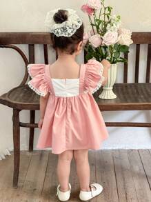 LMoss Kids Baby Mädchen Gestricktes Kleid mit Kontrast-Farbstickerei, quadratischem Kragen und Rüschenbesatz