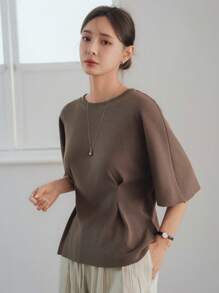 Dazy-Less Camicetta estiva da donna in maglia piisseggiata con bottoni, tinta unita, stile casual business, vita stringata, maniche corte con fiocco sul retro