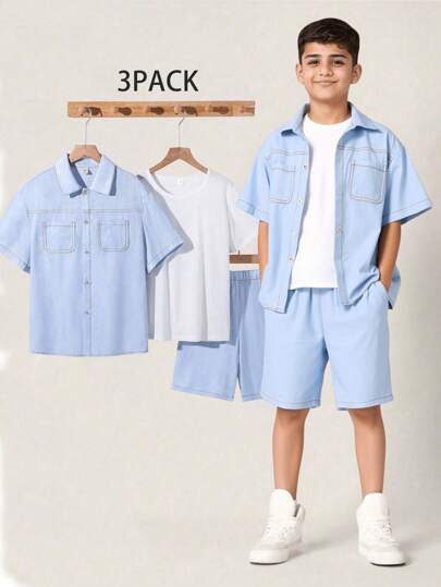 3pcs Tween Boy Casual Solid Color Round Neck Short Sleeve T-Shirt, Shirt And Shorts Set, Suitable For Commuting, School, Daily Casual Wear, Sportswear, Spring/Summer