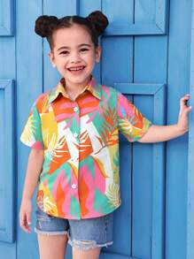 Camicia da donna a maniche corte e ampia con stampa di piante tropicali minimalista, cardigan casual per le vacanze