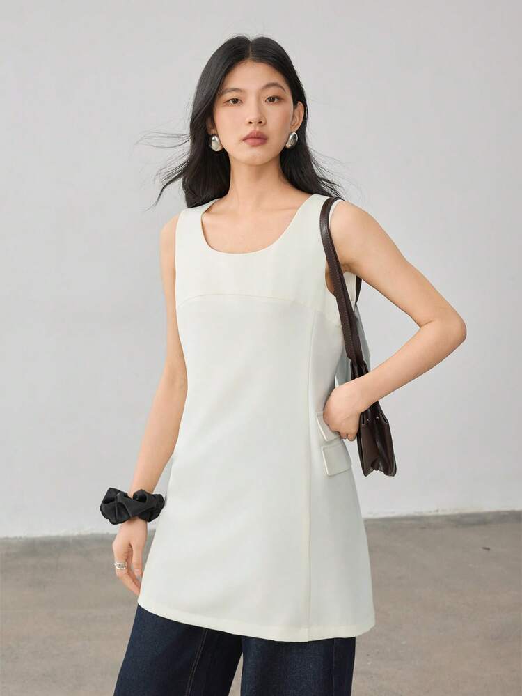 Women's Summer Casual Business Commute Elegant Large Pocket Decorated Waistcoat Dress Suit Top, Solid Color Simple Long Top