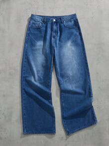 SHEIN Forever 21 Men's Loose-Fitting Street Style Blue Washed Jeans; Pleats On The Trousers; Rhinestone Pattern On The Back Pockets - Blue - View 2