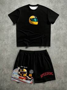 Manfinity ZONE917 F1 Racing Car Graphic Loose T-Shirt Set - Black - View 1