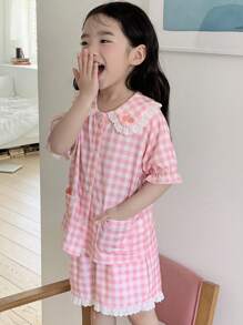 DAZY 2pcs Young Girls Collared Top And Shorts Pajamas Set, Summer - Pink - View 1