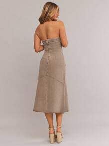 WESTFADE Women's Solid Color Strapless Elegant & Fashionable Sleeveless Denim Dress - Khaki - View 5