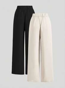 SHEIN PETITE CURVE 夏季高腰裤多件套黑色+卡其色阔腿裤高腰褶皱阔腿裤黑色裤子宽松长裤 - 杏色 - 查看 2