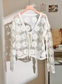 Comfortcana Women Open Front Solid Color Long Sleeve Hollow Out Cardigan, Fashionable For Spring & Autumn - Beige - View 8