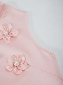 2 bucăți pentru fete adolescente, guler elegant, fără mâneci, decor floral, top decupat și talie elastică mini-fustă plisată ținută 2 piese, vară - Roz - Vizualizare 4