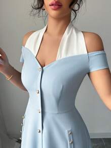 SHEIN LUNE 女士优雅休闲适合日常穿着的露背宽松短袖金属纽扣前 A 字连衣裙 - 藍色 - 查看 3