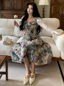DAZY Rochie lungă pentru femei cu guler pătrat și mâneci evazate, rochie de toamnă, ținute de vacanță, florale - Albastru - Vizualizare 9