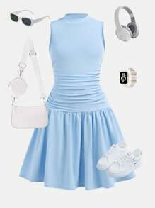 Girlism 青少年女孩合身休闲纯色无袖收腰短裙、柔和色彩连衣裙、蓝色连衣裙、学院风休闲连衣裙 - 藍色 - 查看 1