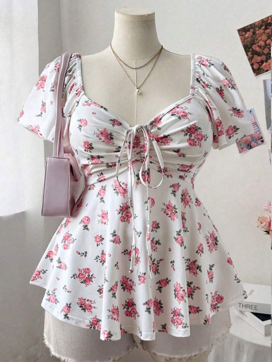 Sweetra 大码女式春夏方领、蝴蝶结、荷叶边袖、碎花、A 字廓形优雅复古可爱休闲度假花卉 T 恤 - 彩色 - 查看 1