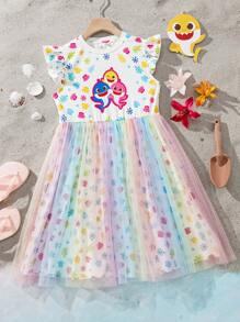 BABY SHARK X SHEIN Váy dễ thương cho bé gái tuổi teen họa tiết cá mập và vỏ sò nhiều màu sắc ombre chiffon màu trắng mùa hè - Nhiều màu - Xem 1