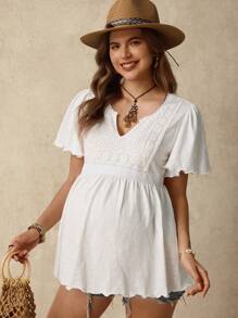 SHEIN Maternity V-Neck Ruffled Short Sleeve T-Shirt With Contrast Lace Summer Clothes - White - View 3