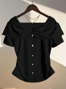 GlowEve Knitted Striped Texture Patchwork Button Decor Luxurious French Elegant White Women Short Sleeve Top For Summer - Black - View 3