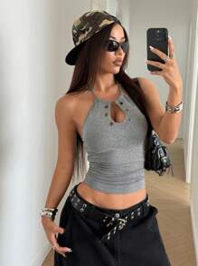 StreetHx Women's Grey Metal Decor Elastic Fitted Y2K Style Camisole Vest, Spring/Summer