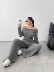 Flirla Plus Size Off-Shoulder Long Sleeve & Pants Velour Jumpsuit - Light Grey - View 3