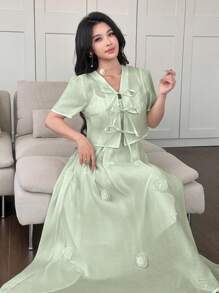 Modelyn 2件套女士3D花卉束腰短袖短款上衣和吊带背心连衣裙 - 綠色 - 查看 5
