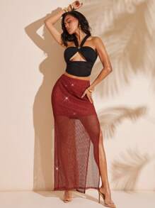 Hauture Crochet Cowl Back Tie Waist Maxi Skirt