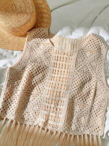 Comfortcana 2025 Nueva llegada Blusa de punto con cordón disolvente en agua para mujer, unicolor, de moda para el verano, estilo bohemio para vacaciones - Albaricoque - Ver 6