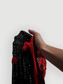 SHEIN Privé Women's Elegant Contrast Color Cherry Embroidery 3D Flower Knitted Dress - Black - View 5