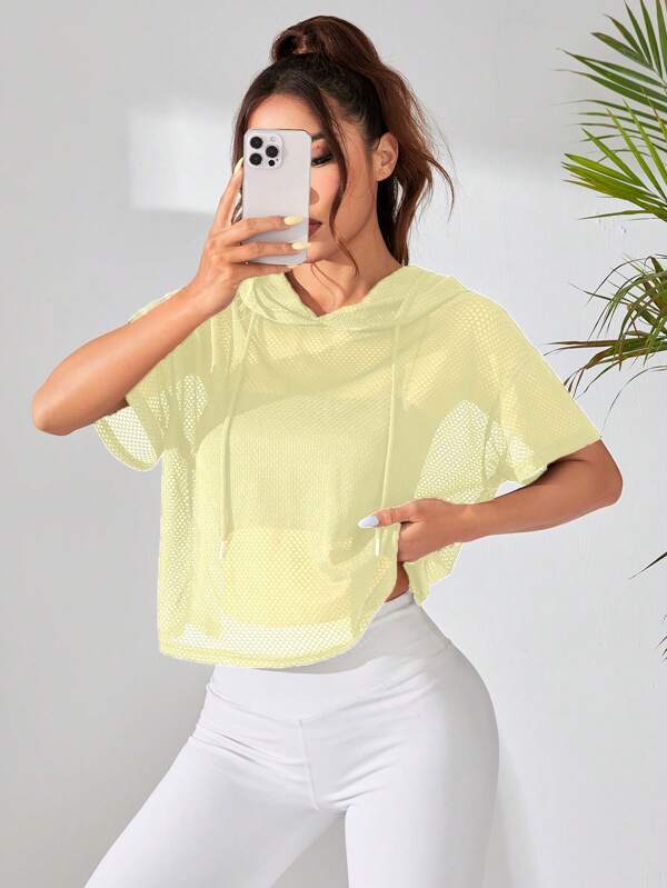 Easithlete Women's Solid Color Short Sleeve Drawstring Hooded Loose Casual Sports Sweatshirt