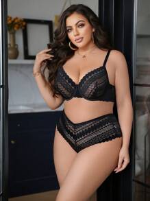 SHEIN 2pcs Plus Size Solid Color Lace Scallop Trim Wire Lingerie Bra And Panty Set - Black - View 3