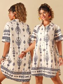 SHEIN Clasi Regular 2025 New Plus Size Women Pattern Placement Print Short Sleeve Loose Casual Shirt Dress - Apricot - View 1