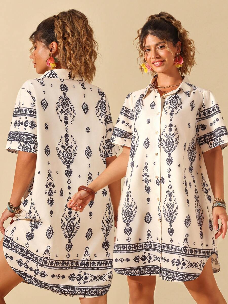 SHEIN Clasi Regular 2025 New Plus Size Women Pattern Placement Print Short Sleeve Loose Casual Shirt Dress - Apricot - View 1