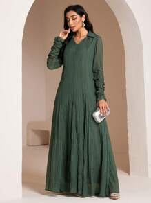 Veilorie Conservative Casual Ruched Collar Sleeve Women's Extra Long Dress, Women's Arabic Dress, Women Dresses Elegant Gown, Women Casual Dress, Modest Dress, Modest - Green - View 5