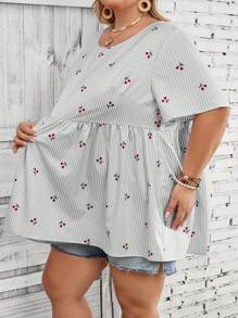 SHEIN CURVE+ Plus Size Women's Loose Cherry Graphic Print Striped Shirt For Beach Vacation Boho Vacationbeach Outfits For Woman/Beach Dress/Beach Vacation Outfits/Beach Essentials / Graduation/Tea Party Dresssummer/Country/Beach Vacation Outfits/Beach Outfits/Beach Wear