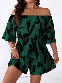 SHEIN LUNE Plus Size Women's Casual Off Shoulder Romper With Printed Pattern - Dark Green - View 5
