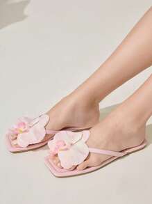 CUCCOO CHICEST Women's Summer New Iris Flower Square Toe Flat Elegant Casual Sweet Light Pink Faux Leather Ladies Flat Sandals Slippers Beach Shoes, Suitable For Afternoon Tea, Dating, Elegant Outfit, Vacation, Beach, Hawaii Island Style