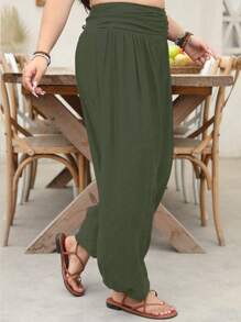 SHEIN LUNE Pantalones holgados con arrugado en color liso talla grande, apropiados para el verano y vacaciones