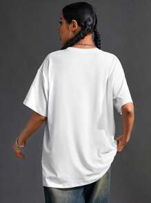 Cat & Flower Print Loose Batwing Casual Outdoor T-Shirt - White - View 2