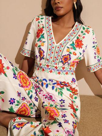 Vesra 女式全印花腰褶连体裤