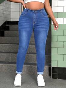 SHEIN CURVE+ Plus Size Stretch Denim Skinny Pants, Versatile - Blue - View 4