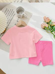 SHEIN Baby Girl Casual Simple Short Sleeve Outfit Set, Suitable For Spring/Summer - Multicolor - View 2