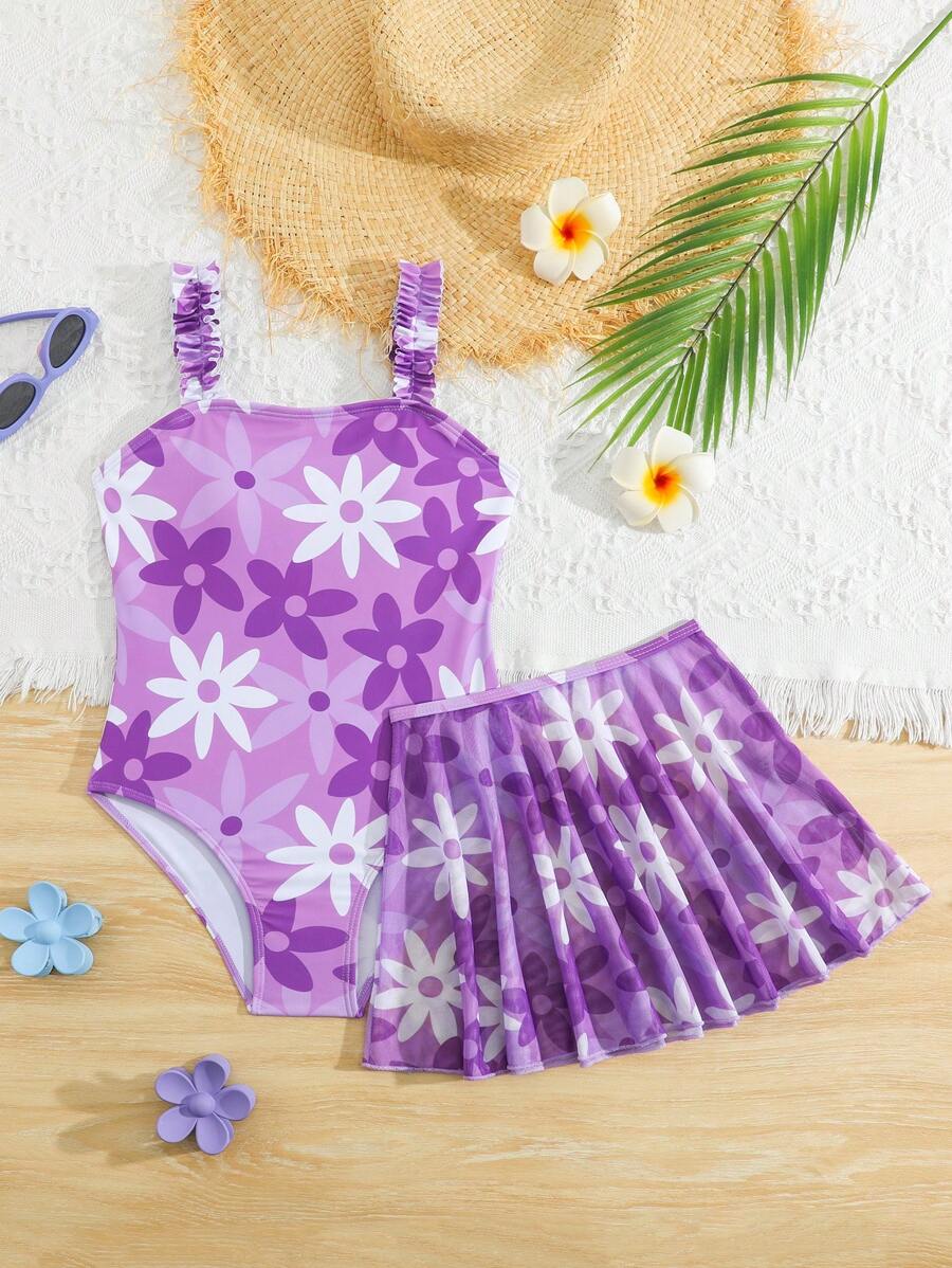 SHEIN Bộ đồ bơi liền thân in hoa cho bé gái tuổi teen kèm chân váy lưới - Nhiều màu - Xem 1
