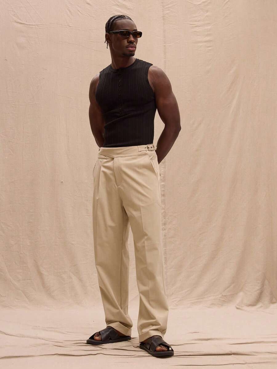Musero Tailored Side Pleat Buckle Waist Detail Straight Leg Trousers Spring, Summer, Streetstyle - Light Grey - View 1