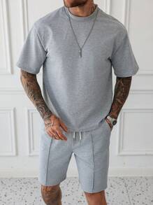 Manfinity Homme Set da uomo composto da t-shirt a girocollo a maniche corte di colore unito e pantaloncini con coulisse in vita, set estivo da 2 pezzi, outfit comodo - Grigio - Visualizzare 7