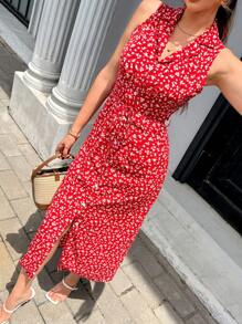 Pariaura French Casual Romantic Floral Print Shirt Collar Self-Tie Belt Sleeveless Dress For Women Polka Dot - Red - View 4