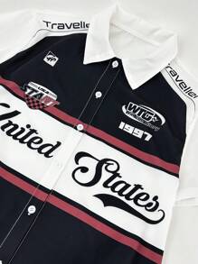 Teenage Boys' Retro Thin Collar Letter Print Short Sleeve Shirt, Casual Motorcycle - White - View 3