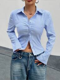 Zielony Blusa elegante de manga larga con rayas azules y blancas de estilo francés, corte ajustado, para uso en la oficina, prenda de vestir de otoño para mujeres