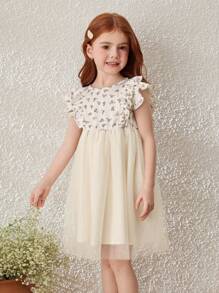 Blossori Young Girls' Apricot Ditsy Floral Contrast Mesh Dress For Vacation - Multicolor - View 1