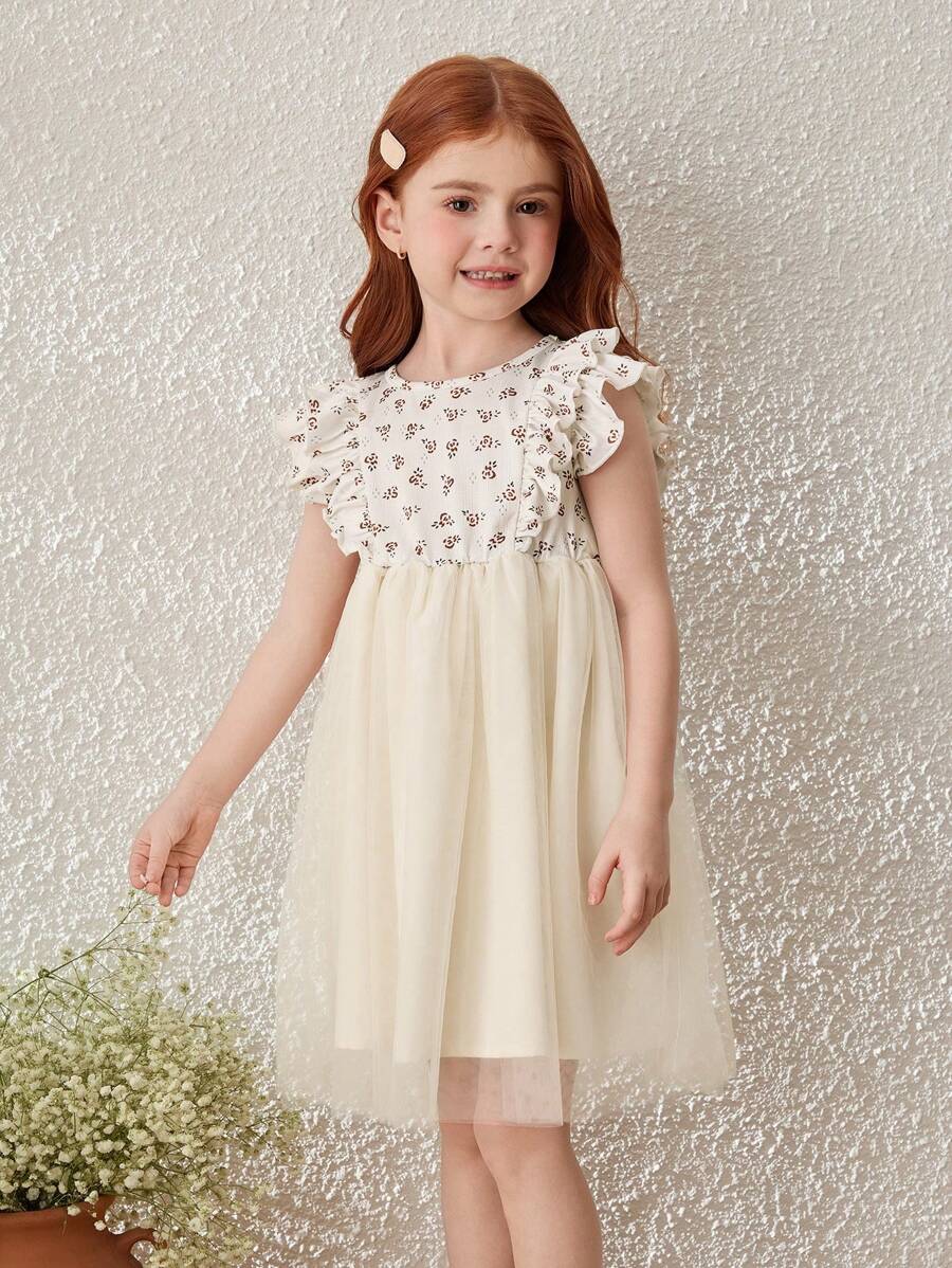 Blossori Young Girls' Apricot Ditsy Floral Contrast Mesh Dress For Vacation - Multicolor - View 1
