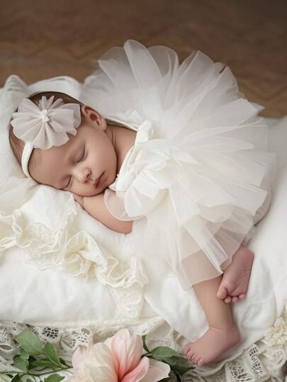 SHEIN Newborn Girl Photography Outfits Newborn Lace Romper Set Infant Photoshoot Props Baby Girl Contrast Mesh Bodysuit With Headband