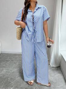 Calvaya Plus Size Women's Striped Short Sleeve Tie Front Shirt And Straight Leg Pants Set, Casual Comfortable Beach Vacation Outfit For Summer, Plus Size